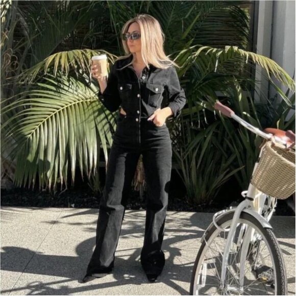 Zara Denim Jumpsuit Womens Small Black Button Front Cutout Long Sleeve Wide Leg - Picture 1 of 4